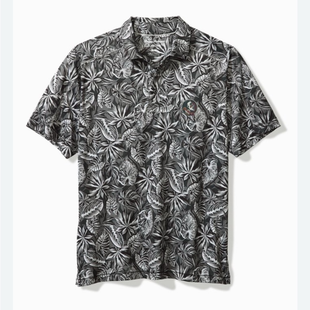 Tommy Bahama Black and Gray Leaf Print Polo WT